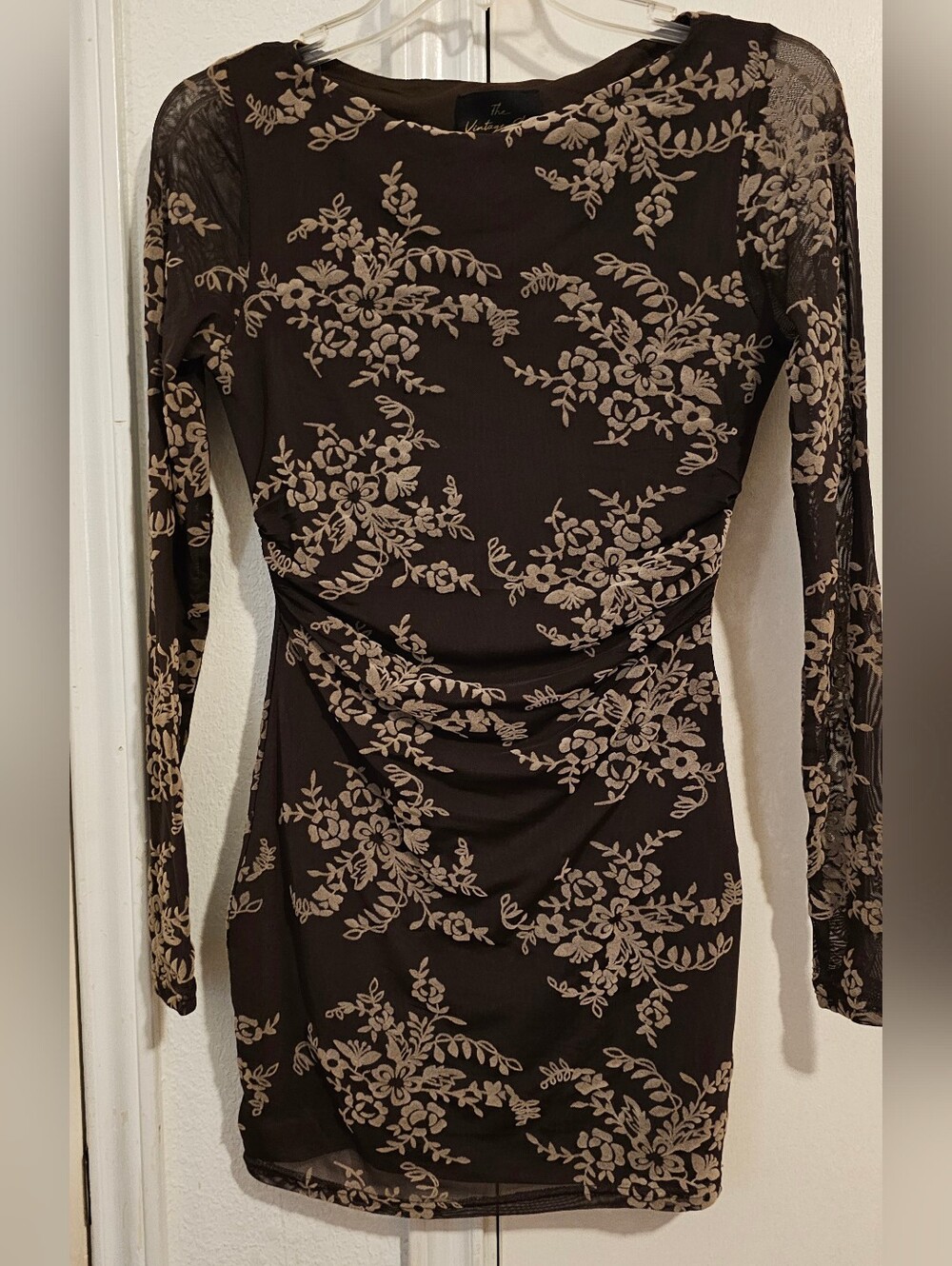 Women's Brown Floral Ruched Long-Sleeve Dress